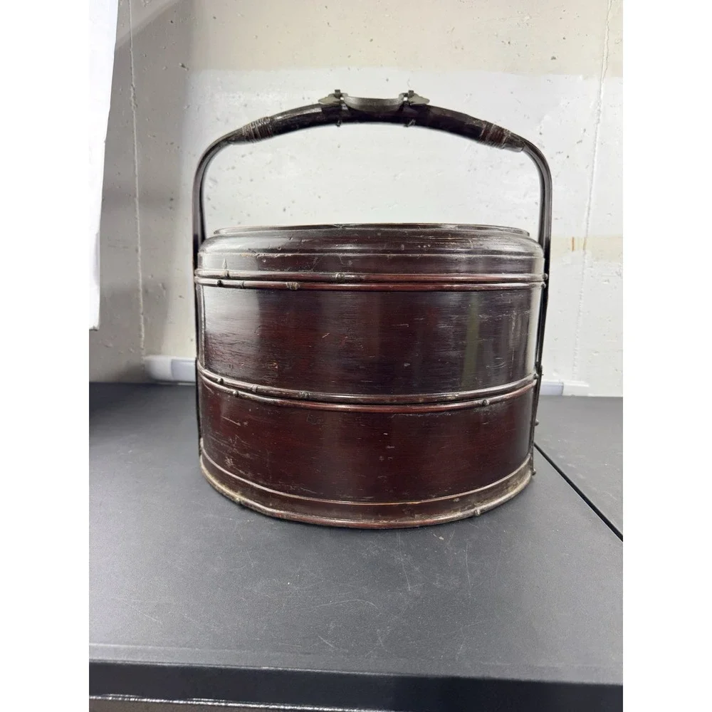 Vintage Chinese 2 Tiered Wedding Basket Handled‎ Woven Wicker & Bamboo